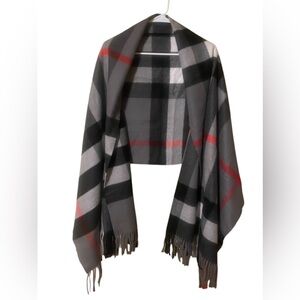 Sky Cashmere 100% Virgin Wool Scarf 26”X78” Fringe Beige Black Red Plaid Luxury